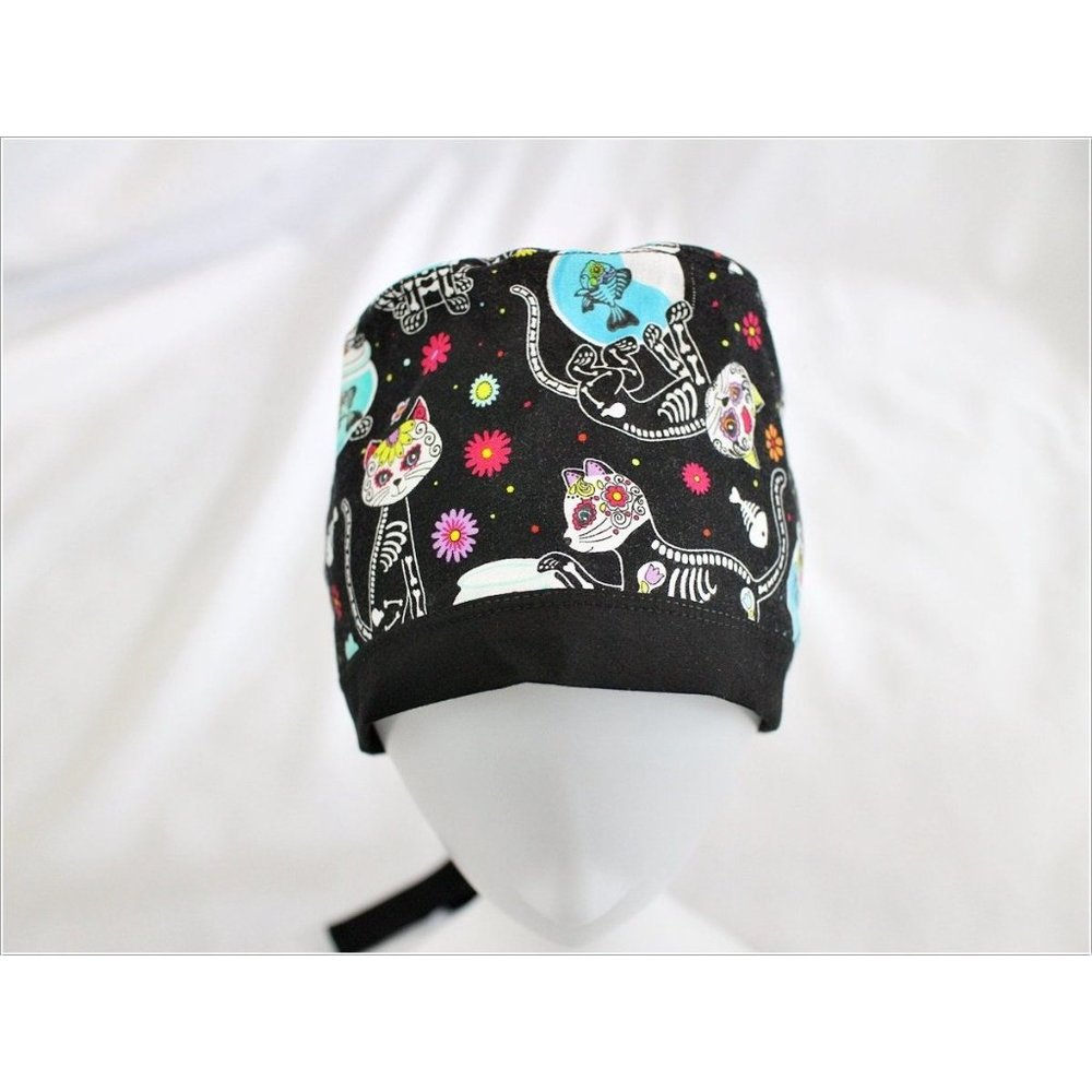 Cats with Fish Sugar Skull Día de Muertos Surgical Scrub Cap Dentist Vet Chemo H